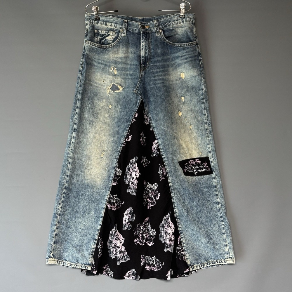 VTG Ralph Lauren Denim Supply Denim Upcycled ? Skirt Patchwork Distress 27 (33")